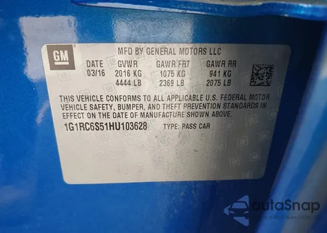 2017 Chevrolet Volt Lt from USA, damaged, VIN 1G1RC6S51HU103628